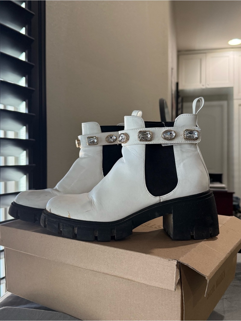 Steve Madden White Chelsea Booties with Jeweled Strap